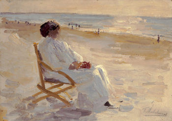 Vrouw in ligstoel op het strand van De Panne