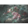 Kupferkessel und Glasvase mit rosa Rosenästen <br />
       <small>Aquarell - <small85>Höhe x Breite</small85> : 49 x 72 cm - <small85>Signiert</small85> : F. Mortelmans <small85>rechts oben</small85></small>