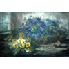 Table on which wicker basket with blue and yellow violets <br />
       <small>Aquarelle - <small85>Height x Width</small85> : 58 x 89 cm - <small85>Signed</small85> : F. Mortelmans <small85>left below</small85></small>
